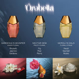Three perfume bottles from Órabella are shown against a blue gradient background with scent names and ingredient lists below each bottle. The bottom row features fragrance-themed imagery: a white flower and red tube for Gardenia's Whisper, a pink rose and pear for Nectar Dew, and white blossoms with sea salt for Neroli's Halo.
