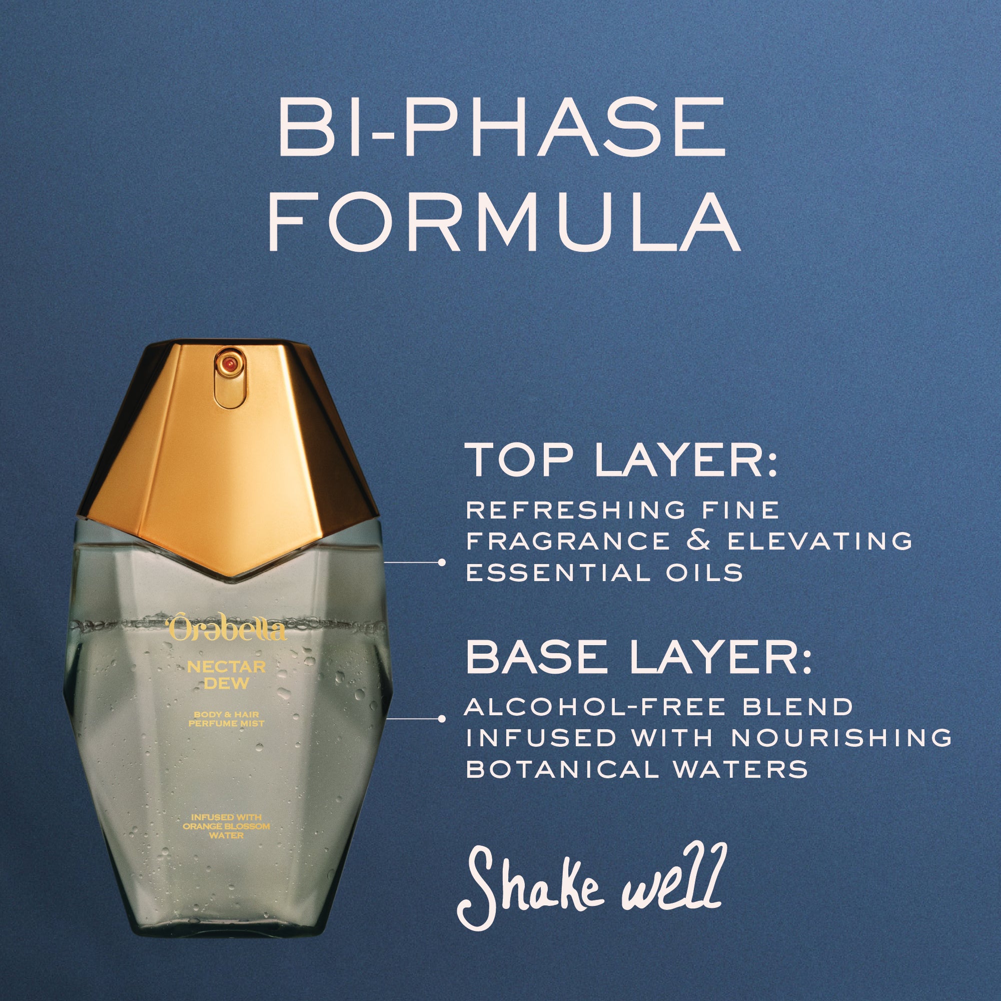 Perfume bottle with bi-phase formula description on a blue background