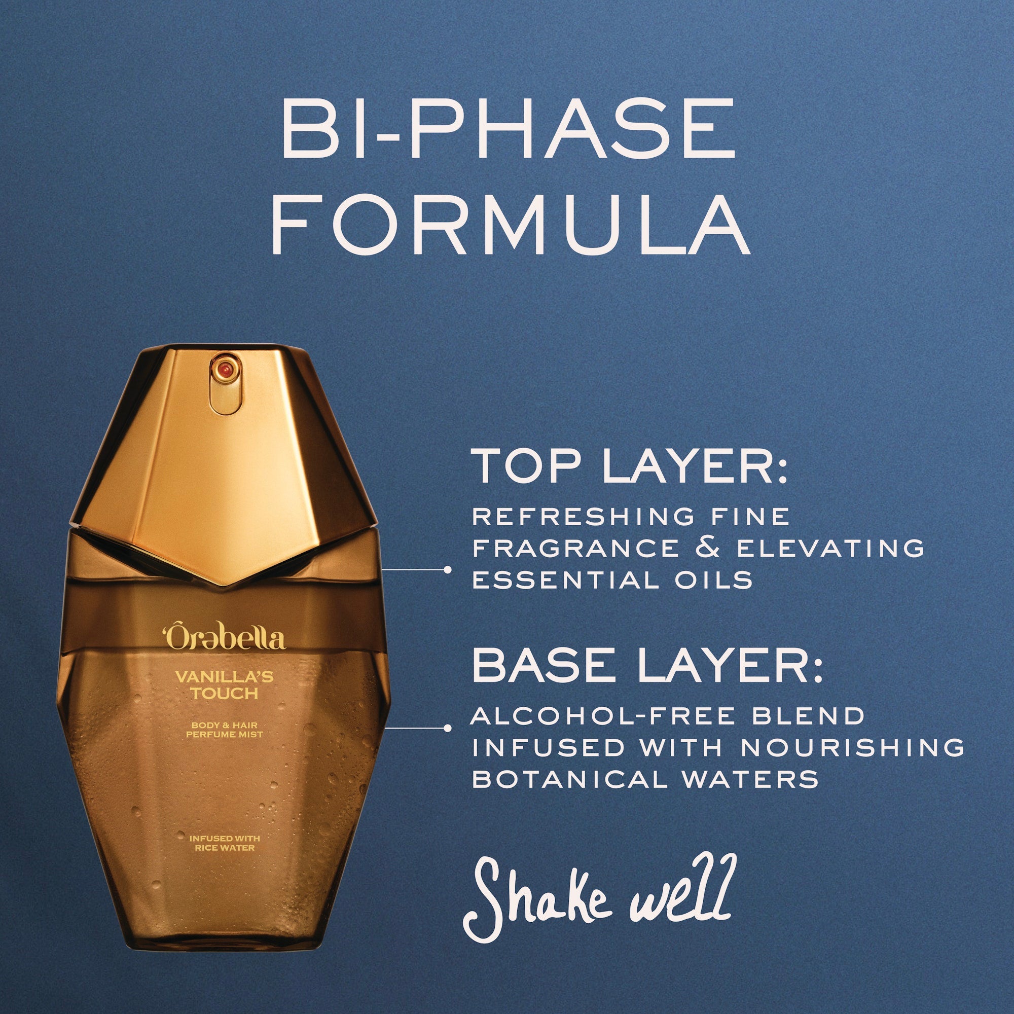 Orebella's Vanilla's Touch bi-phase fragrance bottle in a metallic gold finish, set against a textured slate blue background with informative text overlays explaining its two-layer formula.